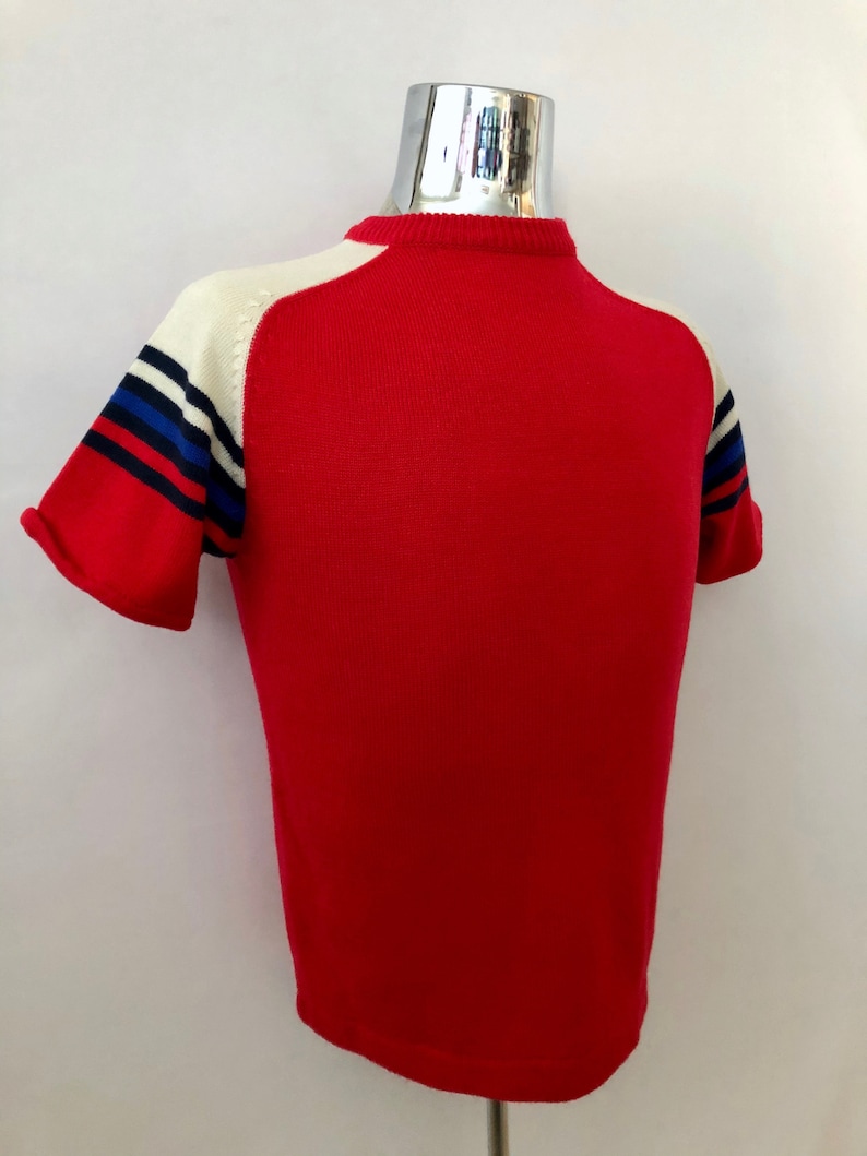 S Crew Neck Short Sleeve Vintage Men/'s 70/'s Red Sweater Striped Acrylic