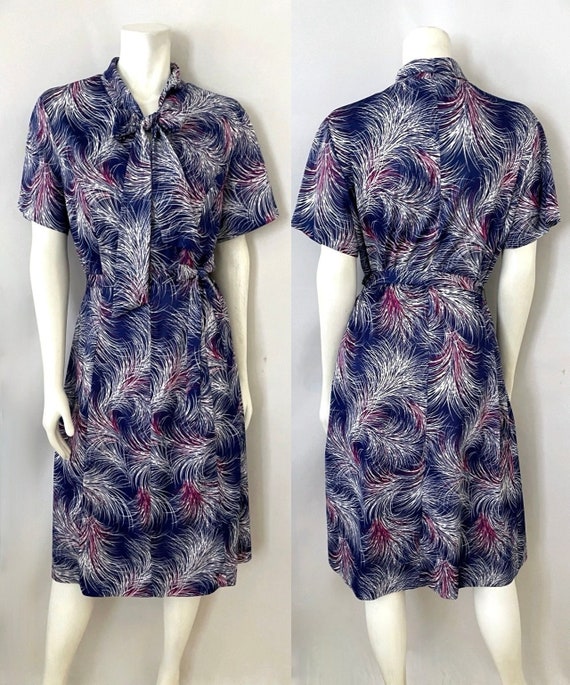 Vintage 70's Blue, Abstract, Bell Sleeve Dress (L)