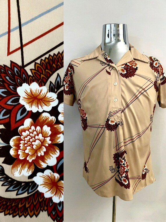 Vintage 70's Tan, Floral, Short Sleeve, Disco Shir