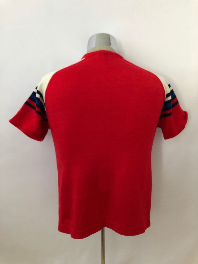 S Crew Neck Short Sleeve Vintage Men/'s 70/'s Red Sweater Striped Acrylic