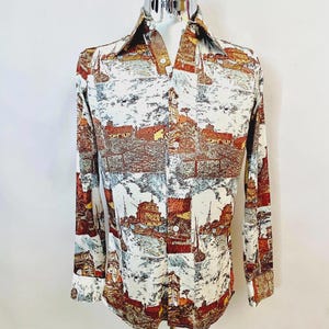 Vintage 70&#39;s White, Brown, Disco Shirt by Arrow (L)