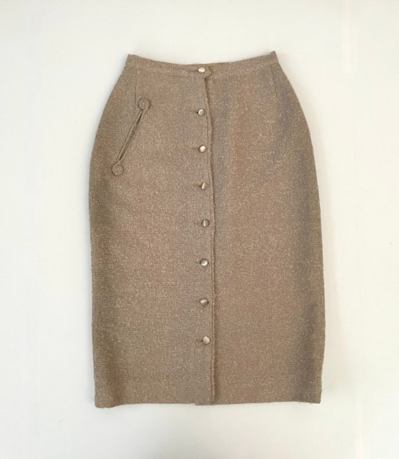 Vintage 50's Tan, Textured, Wool, Pencil Skirt (S… - image 1
