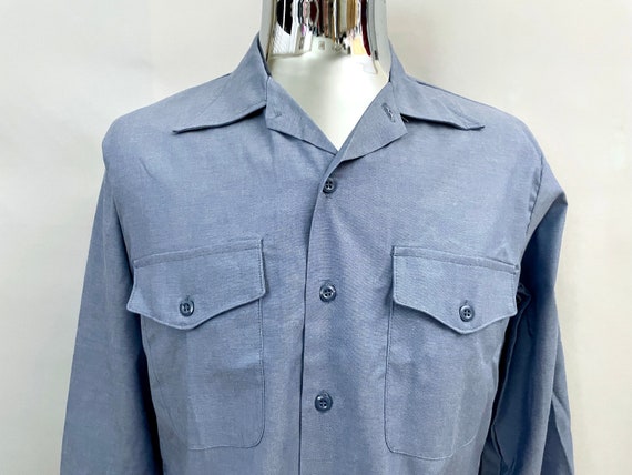 Vintage 70's Deadstock Blue Chambray Shirt Tall (… - image 3