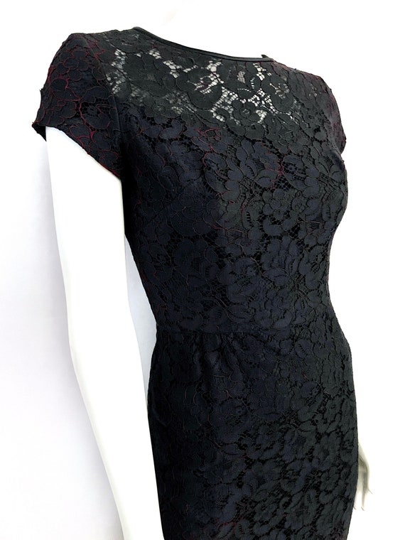 Vintage 60's Black Red Floral Lace Wiggle Dress (… - image 3