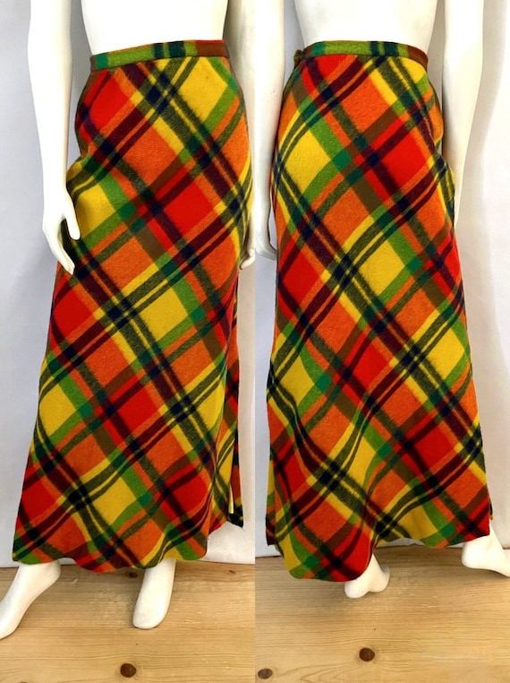 Vintage 70's Leslie Fay Rainbow Plaid Wool Maxi Sk