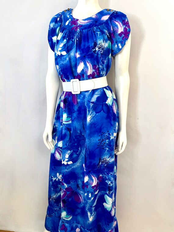 Vintage 70's Blue, Barkcloth, Floral, Hawaiian, M… - image 6