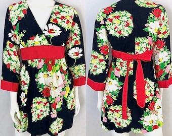 Vintage 70's Danville, Black, Red, Floral, Bell Sleeve Dress (S)