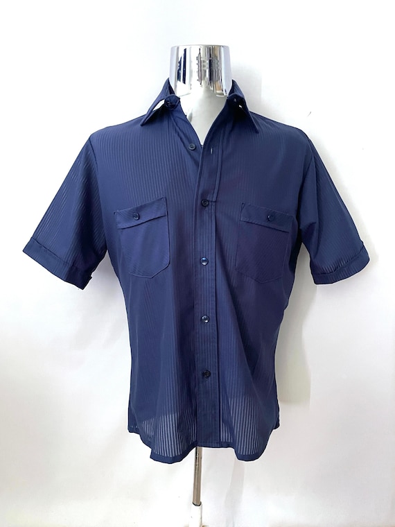 Vintage 70's Navy Blue, Short Sleeve, Shirt (L)