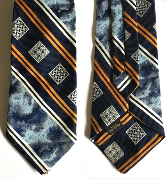 Vintage 70's Clip On Tie, Navy Blue, Gold, Striped - image 1