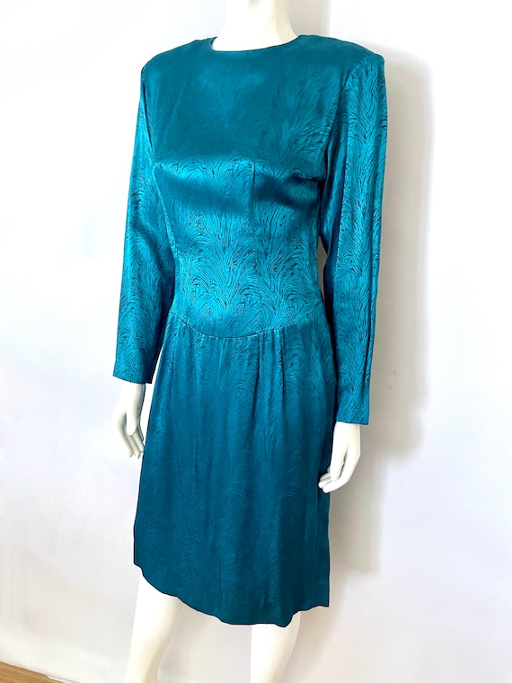 Vintage 80's Teal, Floral Jacquard Dress (Size 6) - image 8