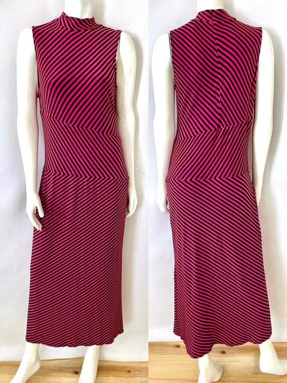 Vintage 90's Hot Pink, Black, Striped, Maxi Dress 