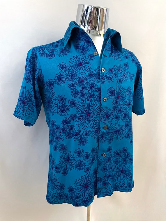 Vintage 60's Blue, Purple, Floral Hawaiian, Shirt… - image 2