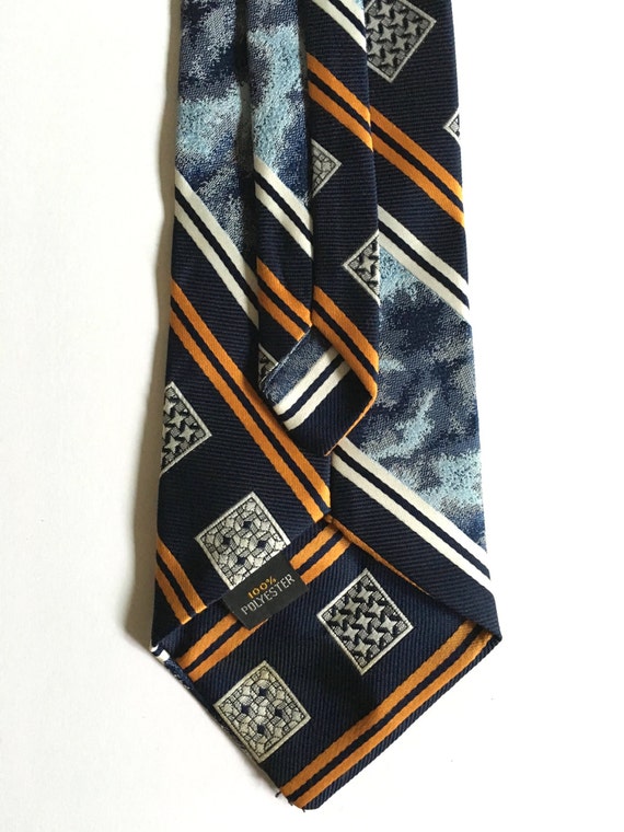 Vintage 70's Clip On Tie, Navy Blue, Gold, Striped - image 5