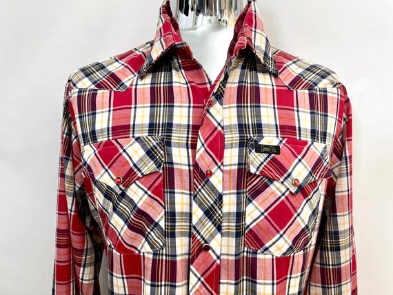 Vintage 80's Red White Plaid Snap Button Shirt (L) - image 3