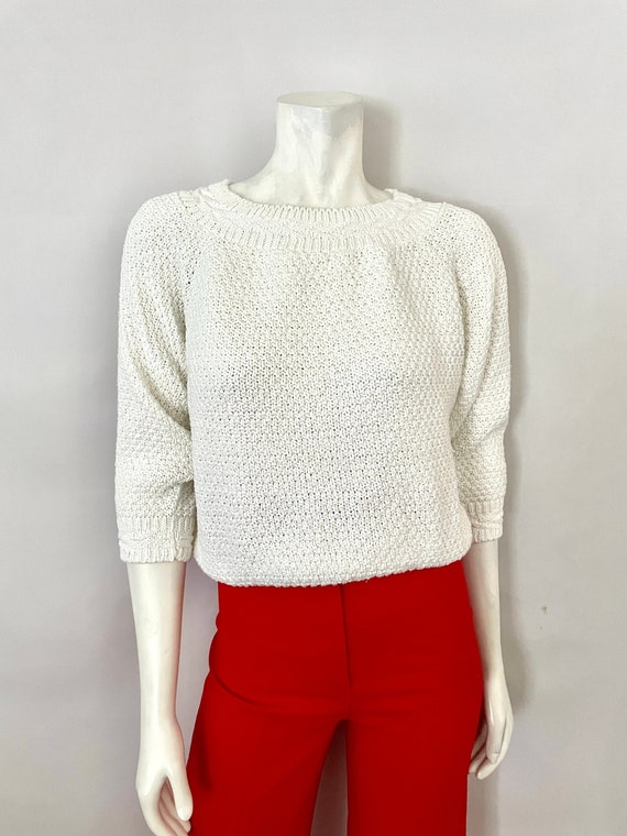Vintage 80's White Cotton 3/4 Sleeve Sweater (S)