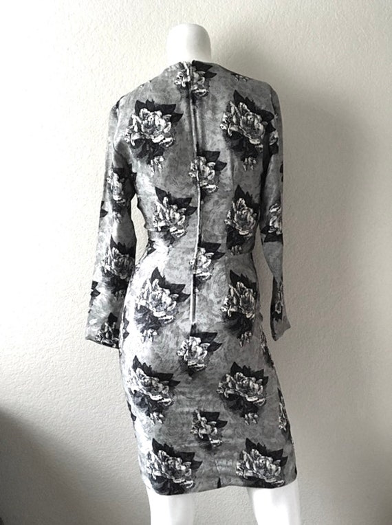 Vintage 80's Silk Wrap Dress, Gray, Floral, Beade… - image 6