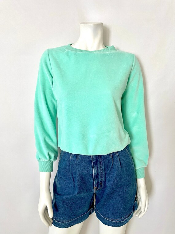 Vintage 70's Mint Green, Velour, Sweatshirt (S)