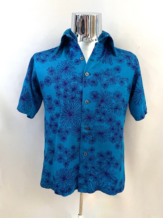 Vintage 60's Blue, Purple, Floral Hawaiian, Shirt… - image 1
