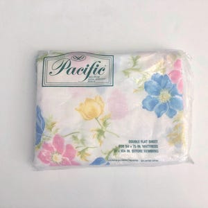 Vintage Bedding 80&#39;s White, Floral, Flat Sheet by Pacific