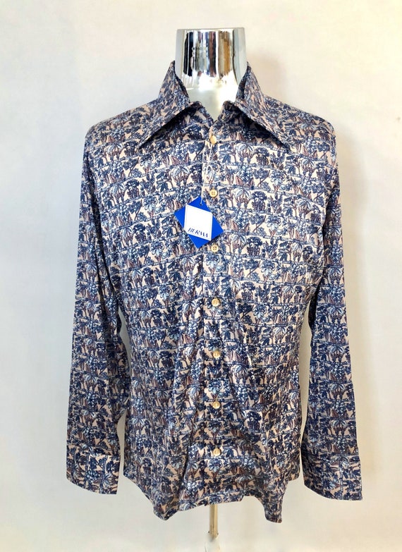 Vintage Men's 70's NOS, Blue, Beige, Long Sleeve,