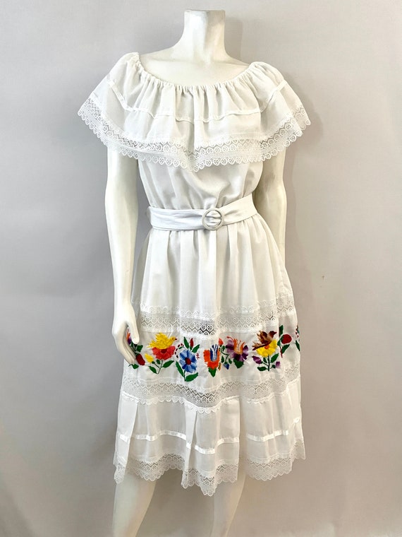 80's White, Cotton, Embroidered, Mexican Dress