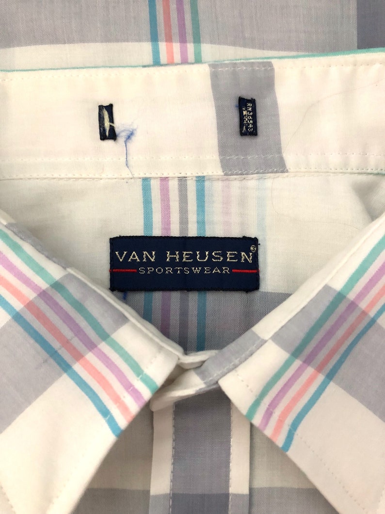 2X Plaid Vintage Mens 80/'s Van Heusen White Short Sleeve Button Down Shirt