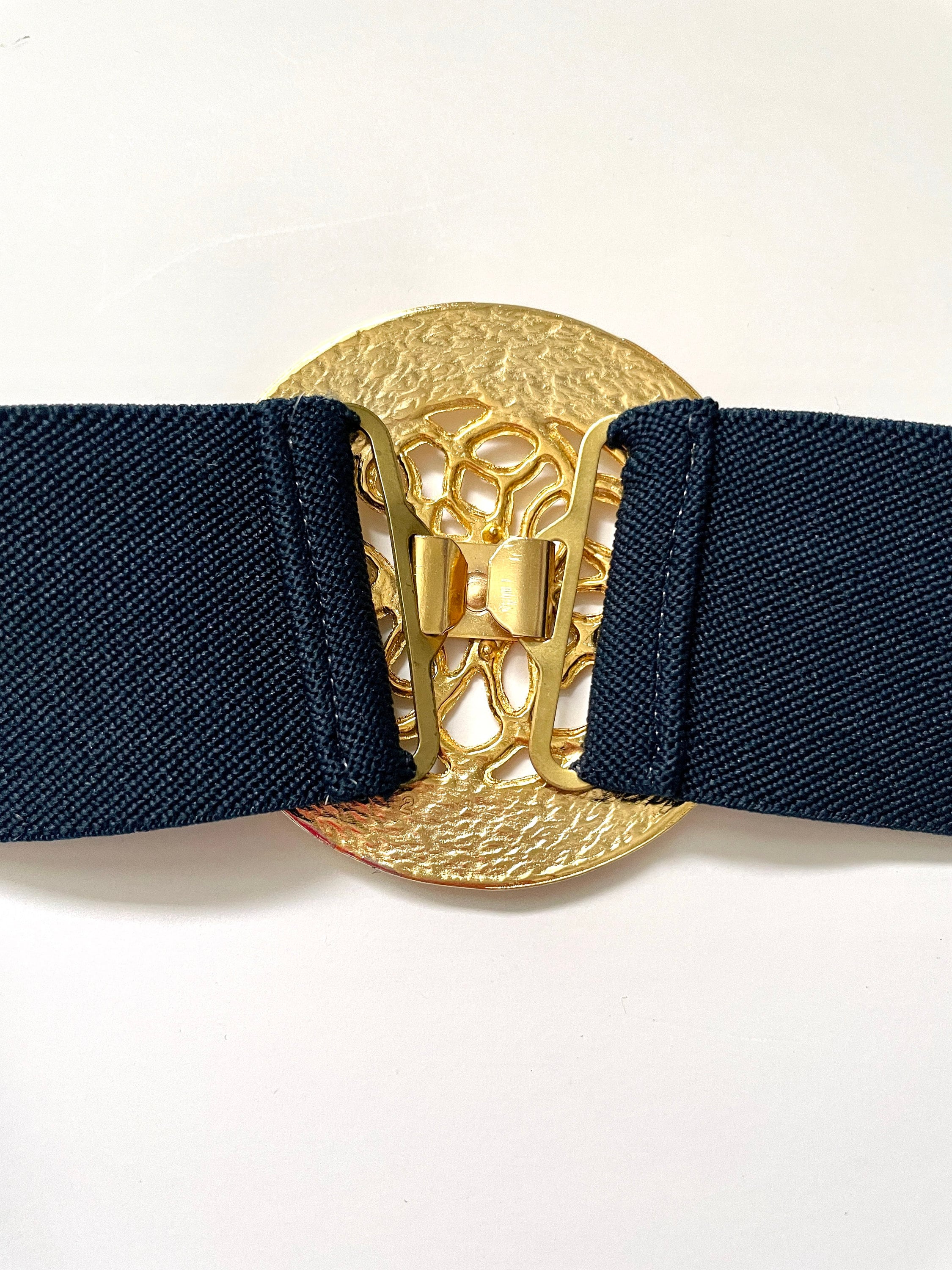Vintage Wide Navy Elastic Belt with Sculptural Gold-Tone Leaf Buckle 80’s Era Vintage Blue Elastic Waist Belt: Gold Navy Enamel Buckle - Etsy main image 4