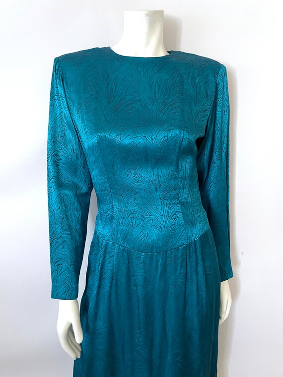 Vintage 80's Teal, Floral Jacquard Dress (Size 6) - image 4