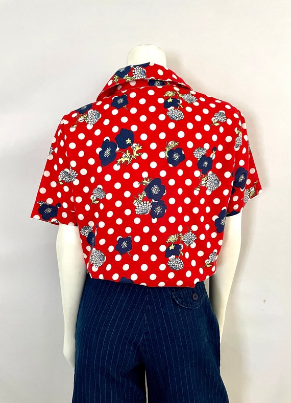 Vintage 70's Red, Polka Dot, Floral, Short Sleeve… - image 8