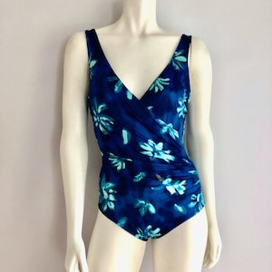 Vintage 80&#39;s Blue Floral Swimsuit, One Piece by Gabar (S)