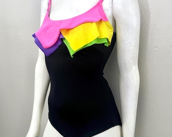 80's Black, Neon, One Piece, Swimsuit by Sirena (M)