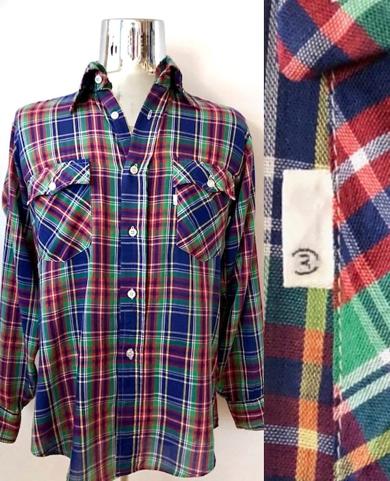 Vintage 70's Levi's, Plaid Shirt, Button Down, Lon