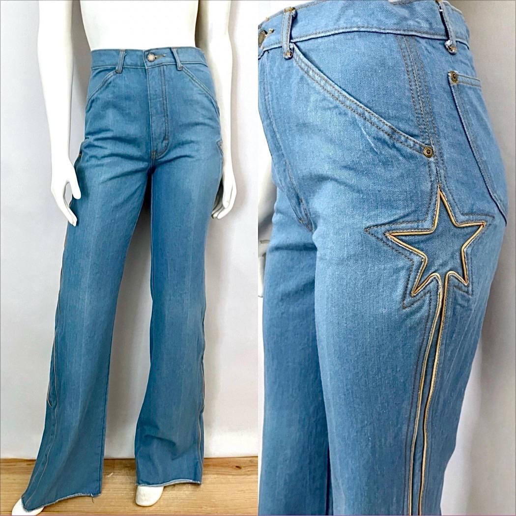 【BAON】Minconi Star Printed Denim Pants Vintage 70's Brittania, Star, Bell Bottom Jeans (size 6) - Etsy