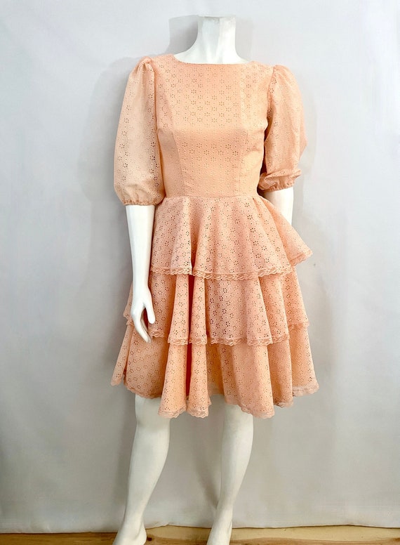 Vintage 70's Square Dancing Dress, Peach, Eyelet … - image 1