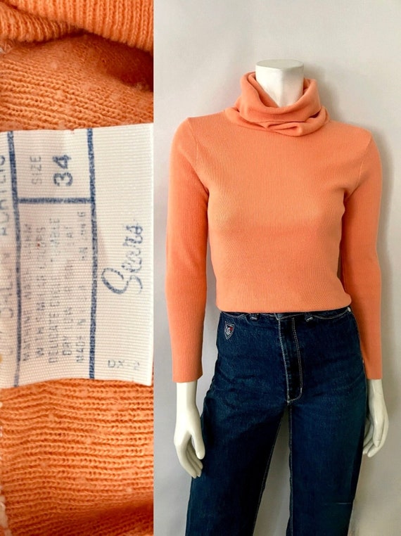 Vintage 70's Sears, Peach, Turtleneck, Sweater (S)