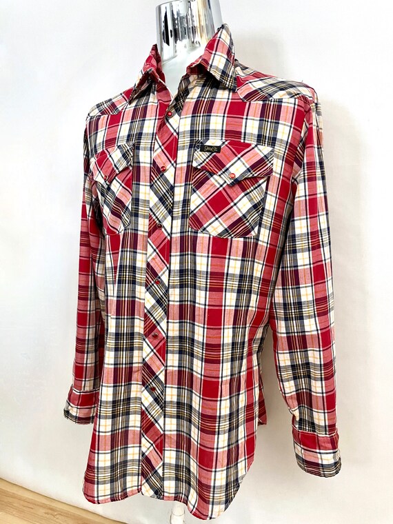 Vintage 80's Red White Plaid Snap Button Shirt (L) - image 7