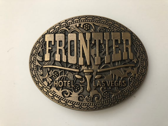 Vintage Belt Buckle 80's Frontier, Brass, Oval, B… - image 1