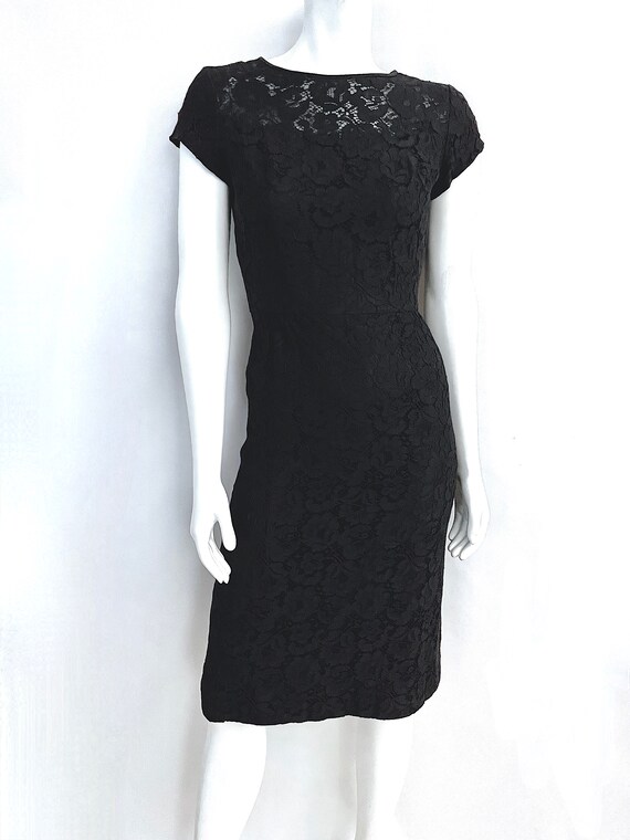 Vintage 60's Black Red Floral Lace Wiggle Dress (… - image 5