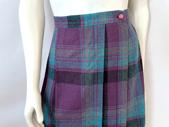 Vintage 80's Teal Purple Plaid Wool Blend Skirt b… - image 6