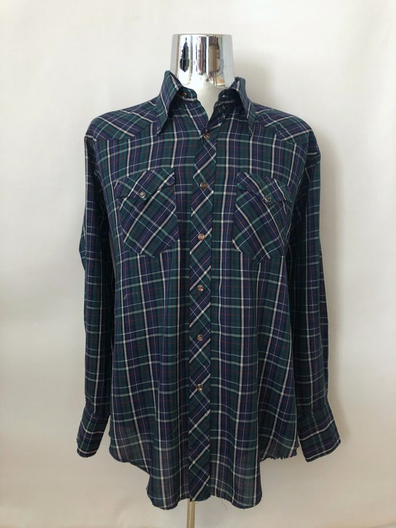 Vintage 60's Wrangler, Plaid, Shirt, Blue, Green,… - image 1