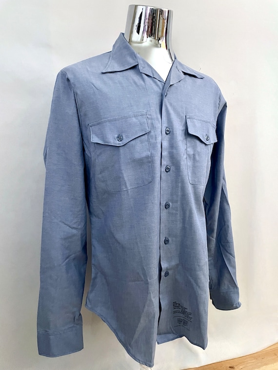 Vintage 70's Deadstock Blue Chambray Shirt Tall (… - image 2