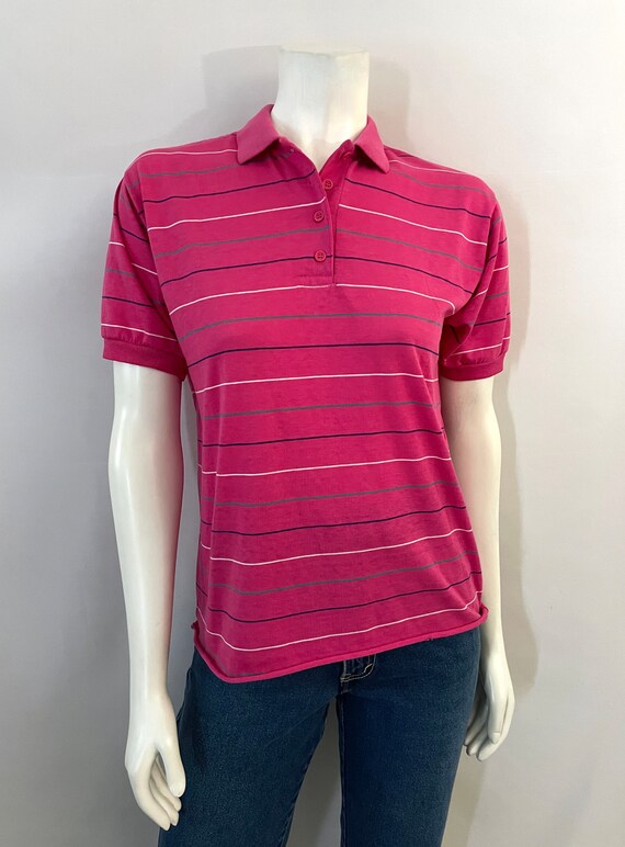 Vintage 80's Pink, Striped, Short Sleeve, Polo by… - image 2