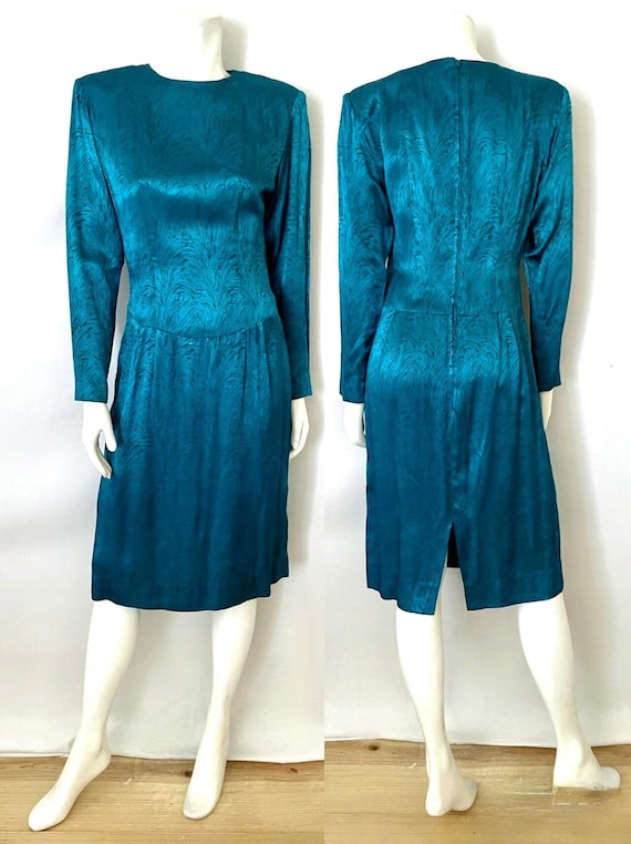 Vintage 80's Teal, Floral Jacquard Dress (Size 6) - image 1