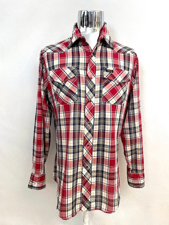 Vintage 80's Red White Plaid Snap Button Shirt (L) - image 1