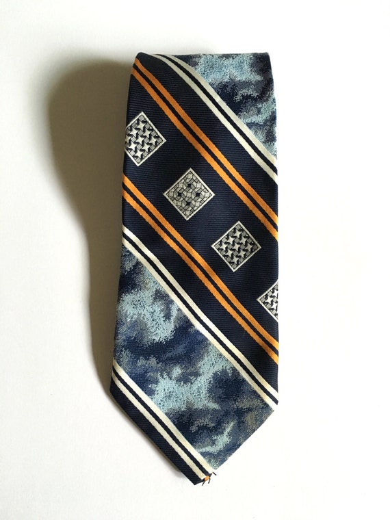 Vintage 70's Clip On Tie, Navy Blue, Gold, Striped - image 3