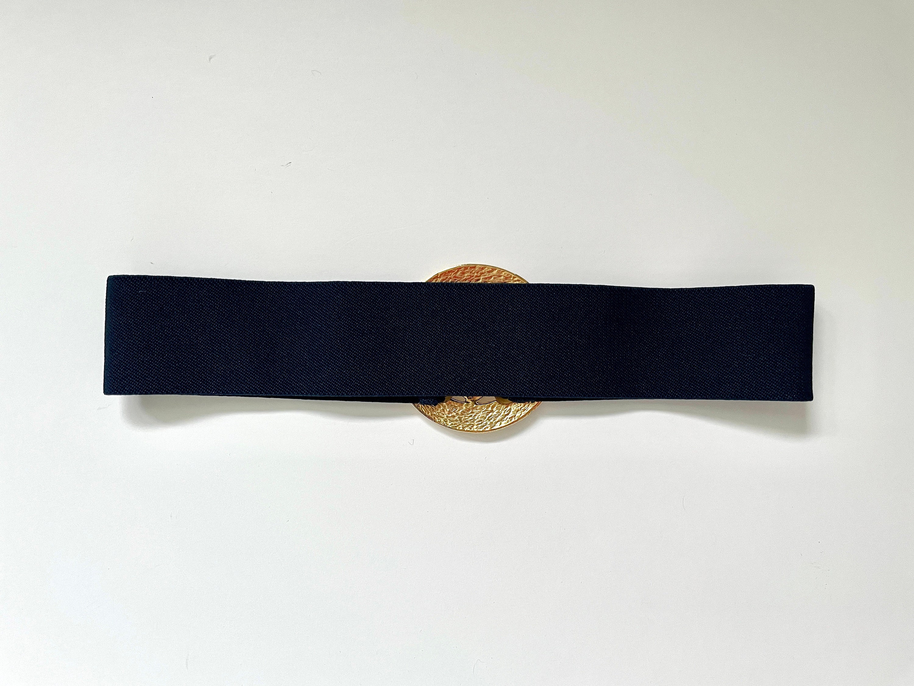 Vintage Wide Navy Elastic Belt with Sculptural Gold-Tone Leaf Buckle 80’s Era Vintage Blue Elastic Waist Belt: Gold Navy Enamel Buckle - Etsy main image 2