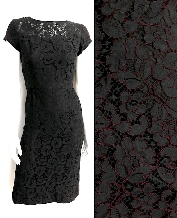Vintage 60's Black Red Floral Lace Wiggle Dress (… - image 1