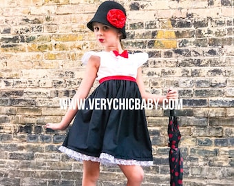 Girls Mary Poppins Dress Costume with Red Sash