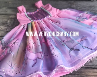 Vestido de cumpleaños de unicornio para niñas / Vestido de lentejuelas brillantes con vuelo / Vestido de fiesta de princesa arcoíris / Conjunto de boutique para niñas