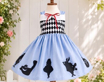 Alice in Wonderland Dress, Storybook Tea Party Dress, Blue Girls Birthday Dress, Wonderland Inspired Dress, Handmade Boutique Outfit
